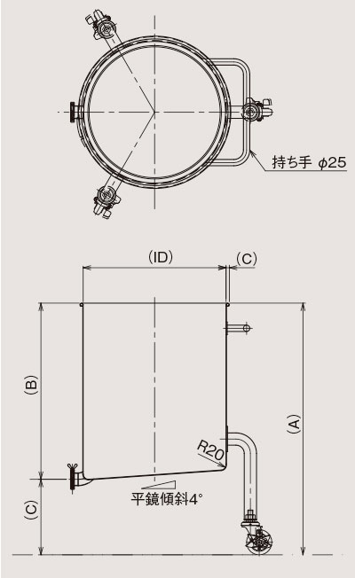 キャスター付移動容器(片勾配型)の図面