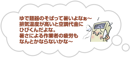 ゆで麺器のそばって暑いよなぁ～。排気温度が高いと空調代金にひびくんだよな。暑さによる作業者の疲労もなんとかならないかな～