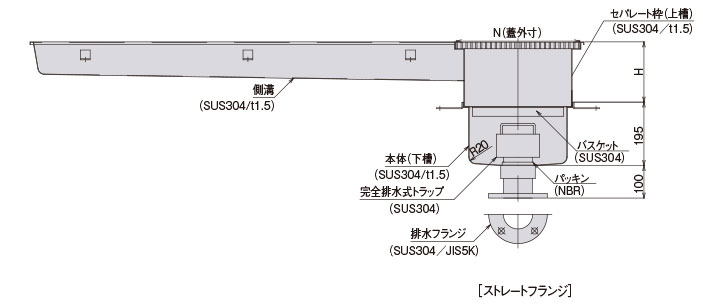 天吊セパレート型（D型側溝導入タイプ）  エルボフランジの図